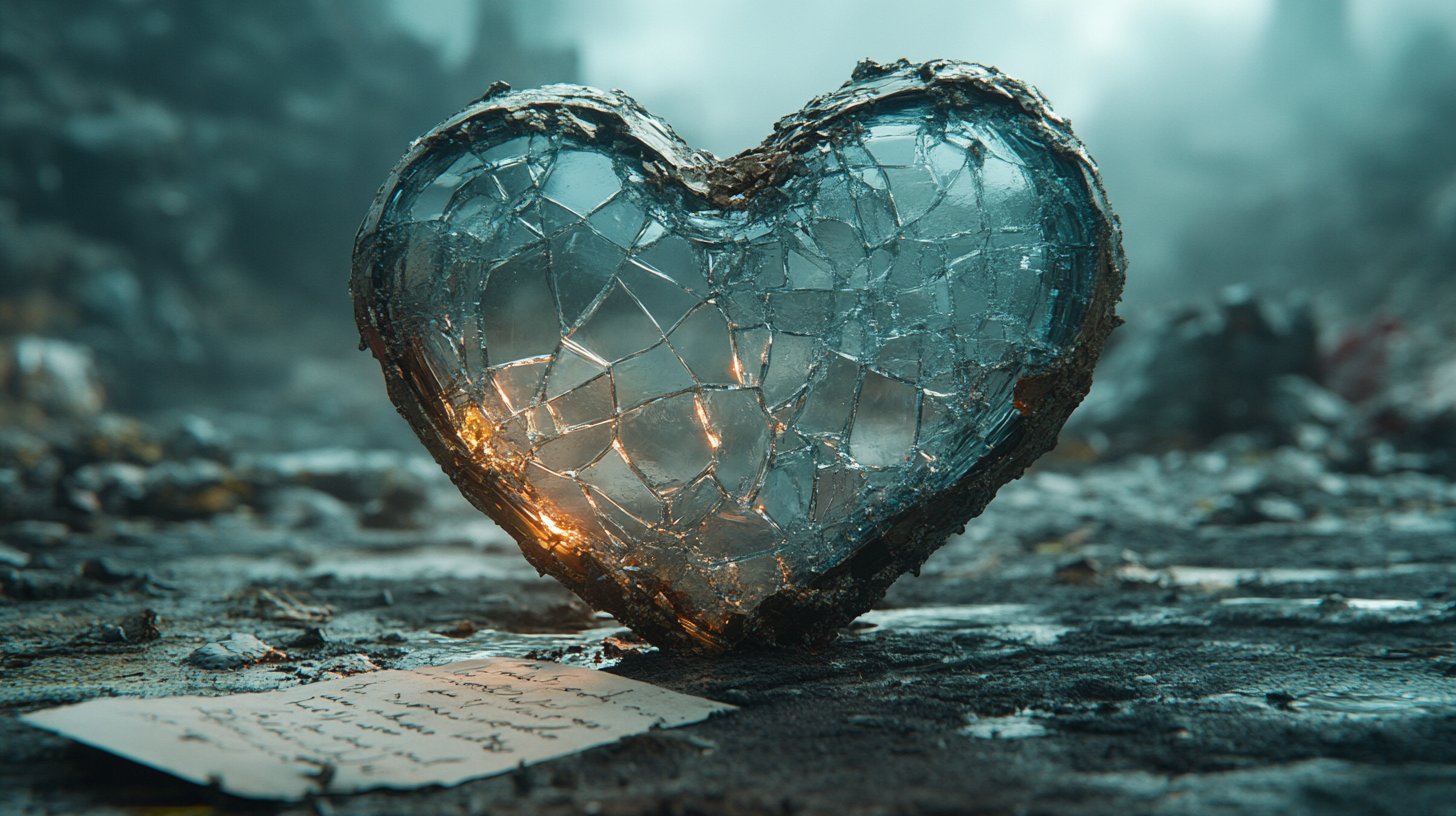 Un cœur en verre brisé sur une note oubliée symbolise la confiance perdue.