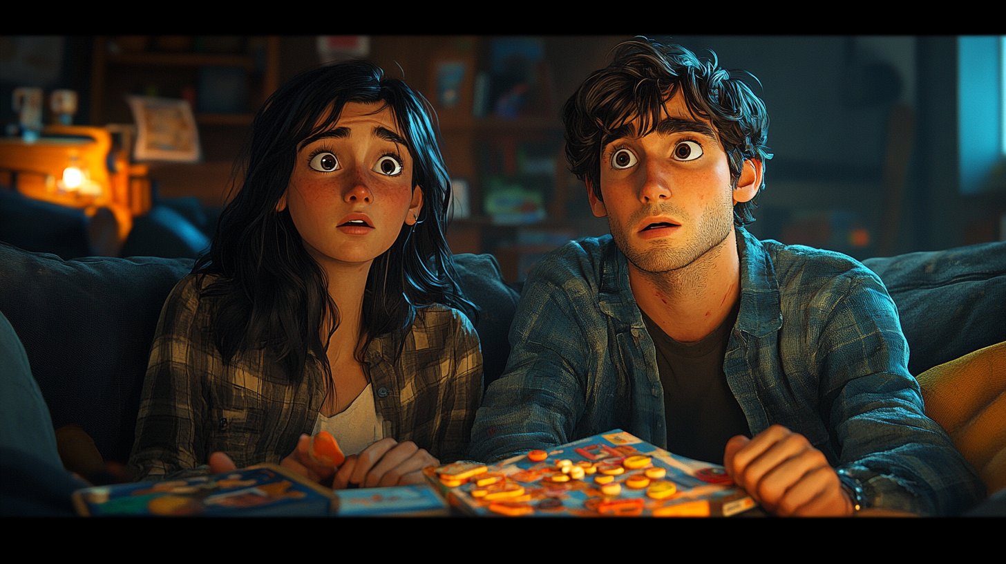 Langweiliges Spielabend-Szenario mit einem desinteressierten Paar auf der Couch.