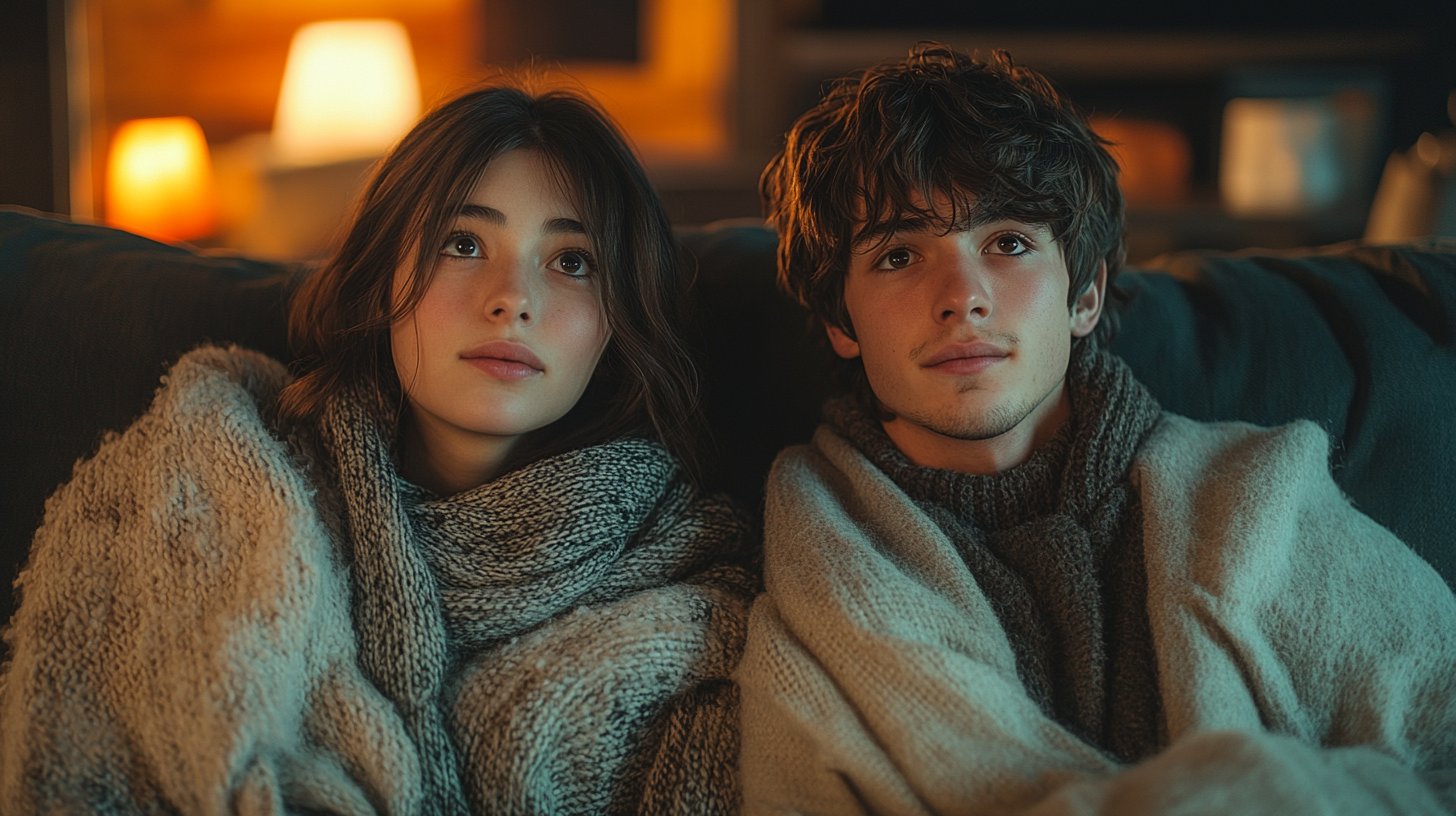 Zwei Personen auf einer Couch mit spürbarem Abstand zwischen ihnen.