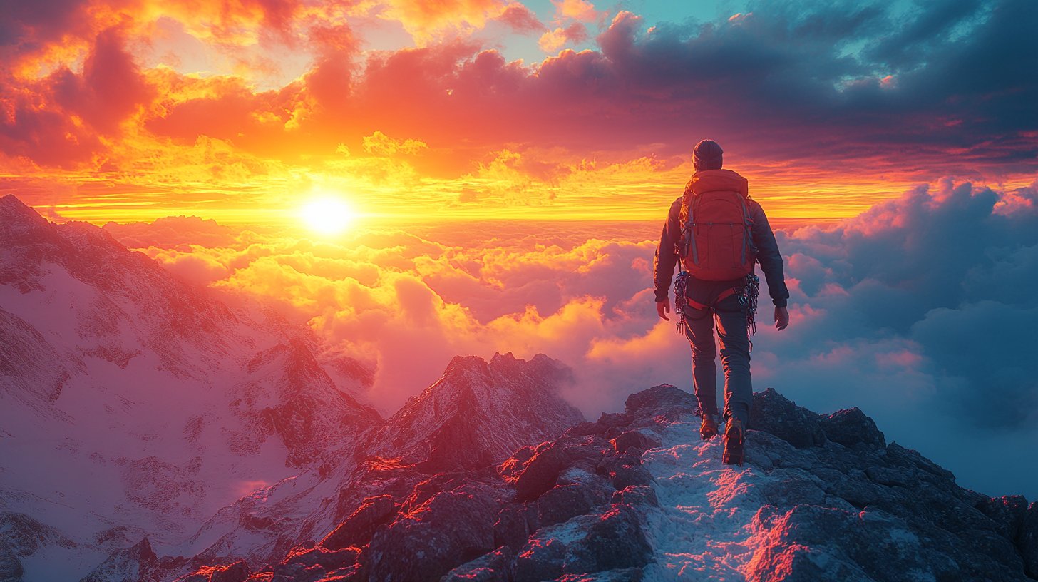 Un escursionista guarda verso l'alba.