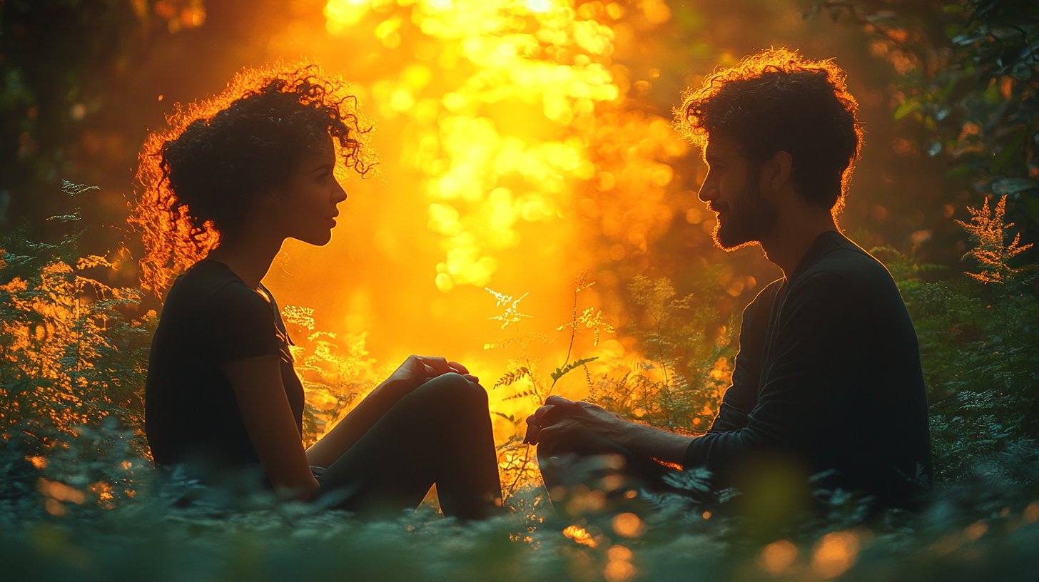 Two people engaged in deep conversation in nature.