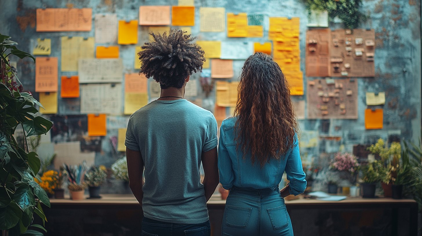 A couple brainstorms their shared goals with a vision board.