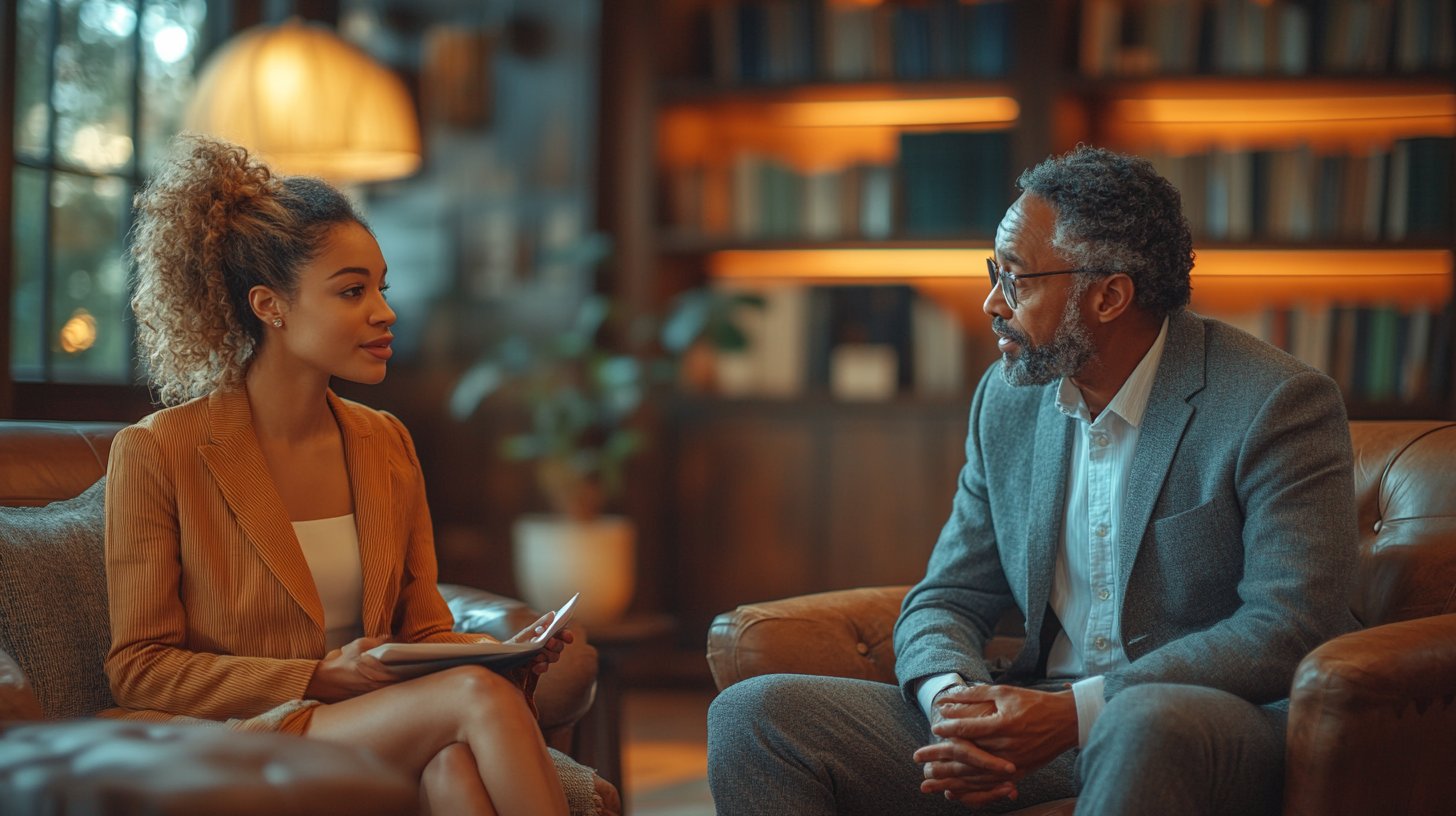 Ein Therapeut leitet ein Paar in einer warmen, sicheren Umgebung.