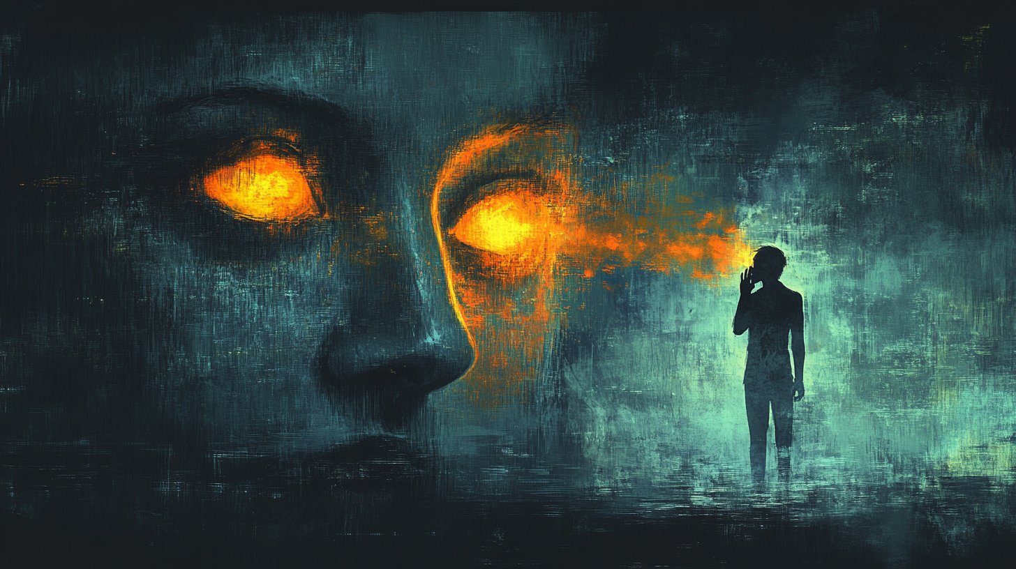 Shadowy figure whispers, representing emotional manipulation.