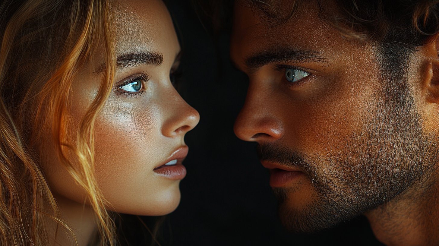 Suspicious glance between two individuals, capturing jealousy.