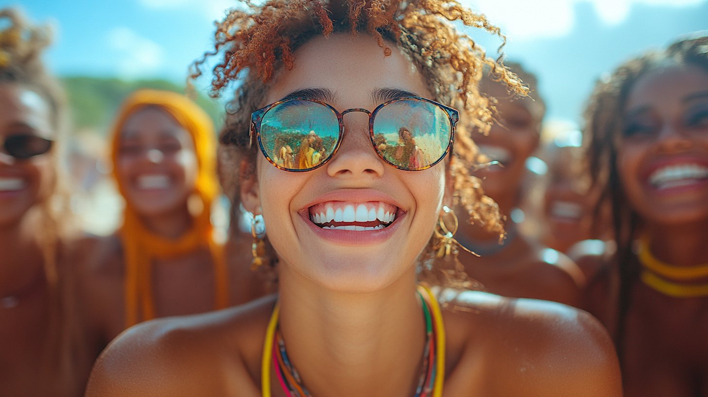 Un grupo de amigos ríe alegremente al aire libre bajo un cielo azul.