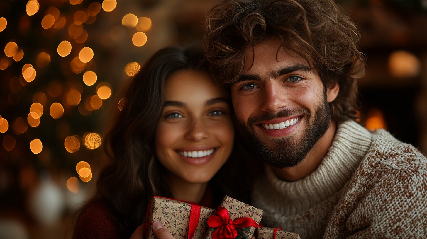 Ein liebendes Paar tauscht durchdachte Geschenke in einer gemütlichen Umgebung aus.