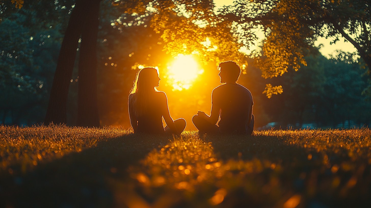 Zwei Freunde führen ein ehrliches Gespräch in einem friedlichen Park.