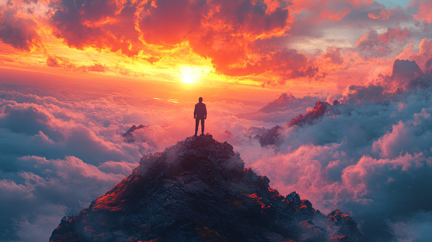 Ein Mensch steht stark auf einem Berggipfel.