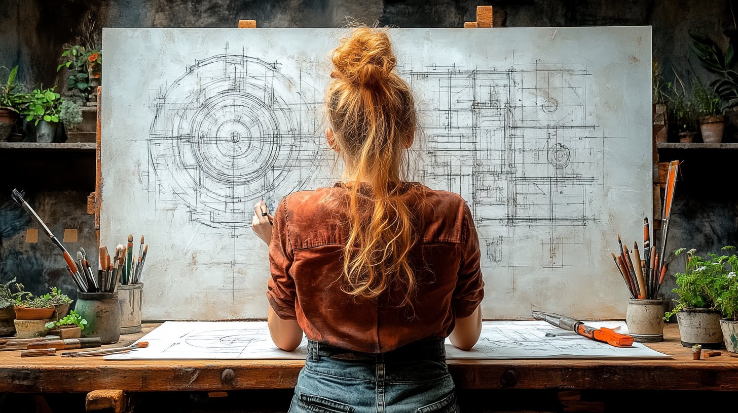 Une personne esquissant des plans sur une toile, entourée d'outils créatifs.
