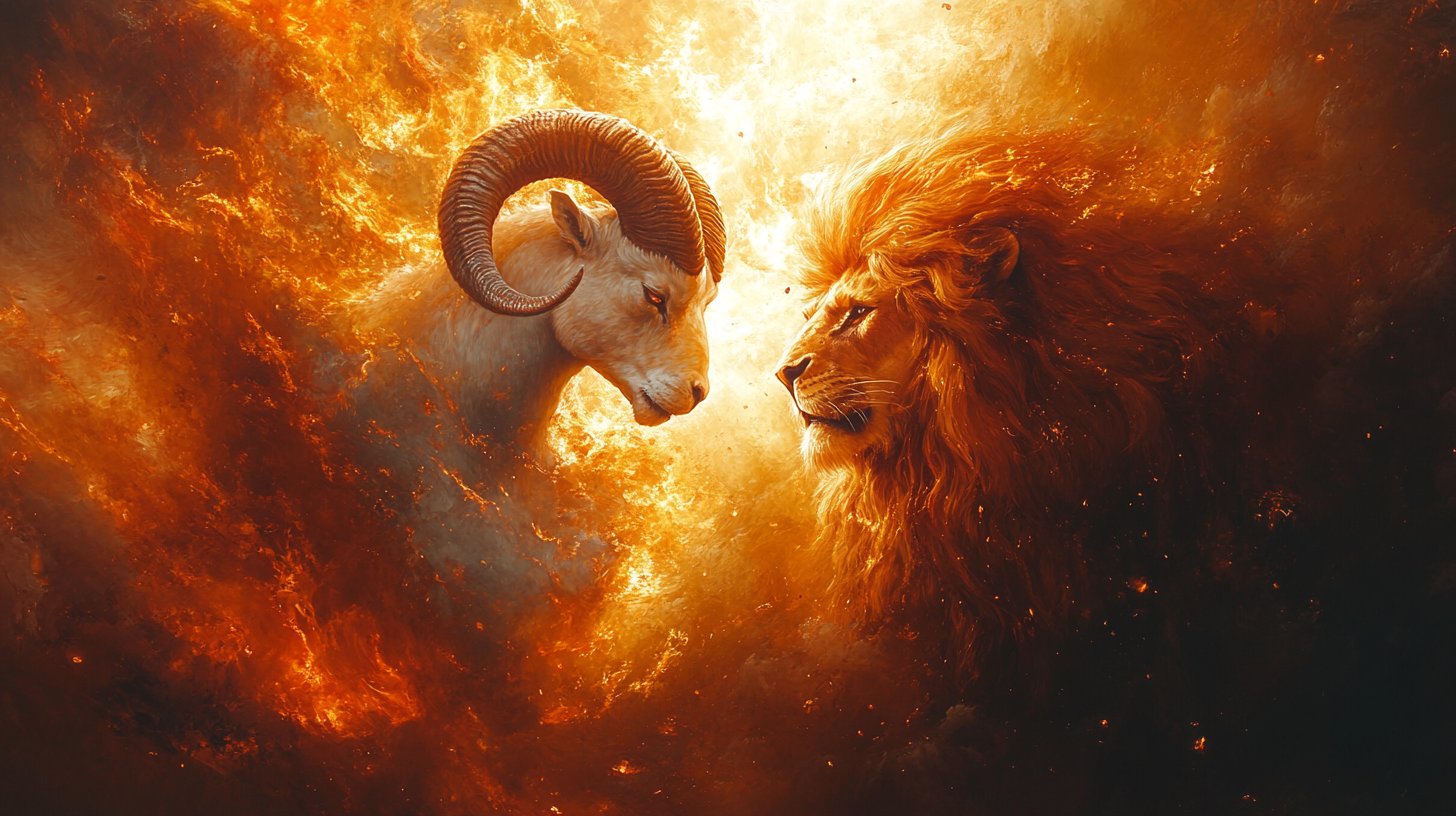 Ein leidenschaftlicher Ausdruck der Verbindung zwischen Widder und Löwe, umgeben von Flammen.