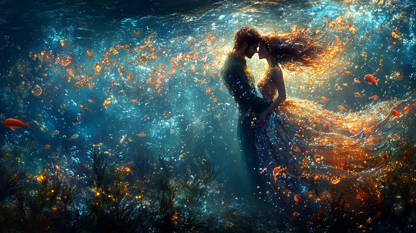 Skorpion und Fische in einer ruhigen Umarmung, umgeben von leuchtenden Meeresbewohnern.