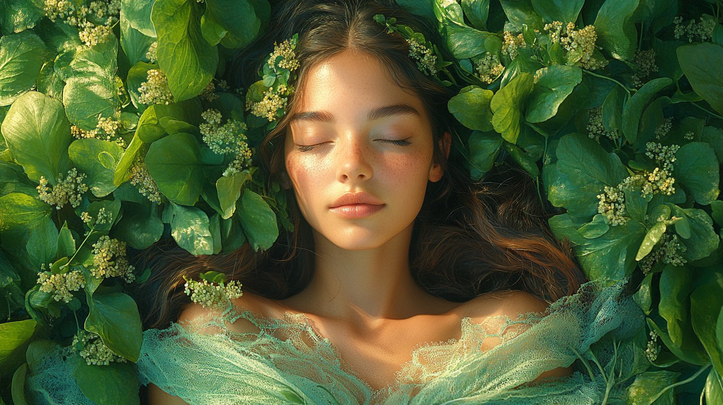 Eine ruhige Darstellung einer Stierfrau in üppigem Grün.