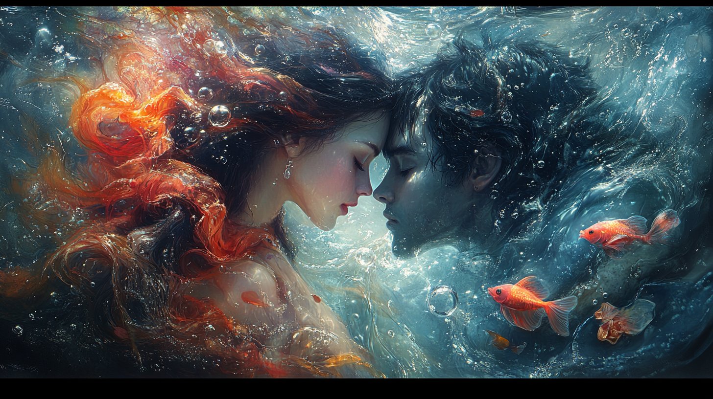 Piscis y Escorpio entrelazados en un paisaje submarino.