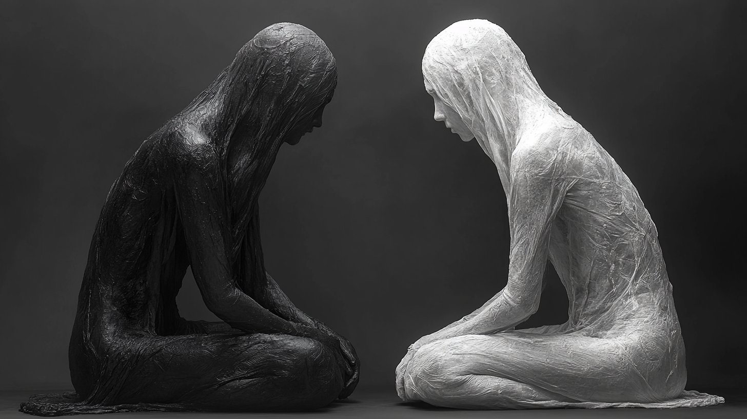 Un personaje cálido contrasta con uno indiferente, capturando la falta de empatía.