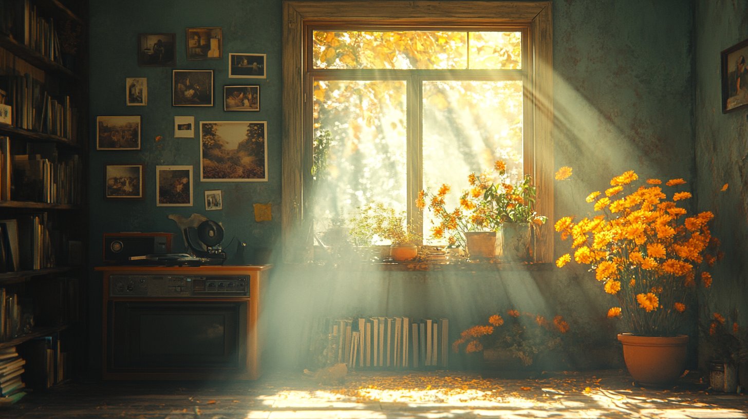 Una scena nostalgica con foto sbiadite di relazioni passate.