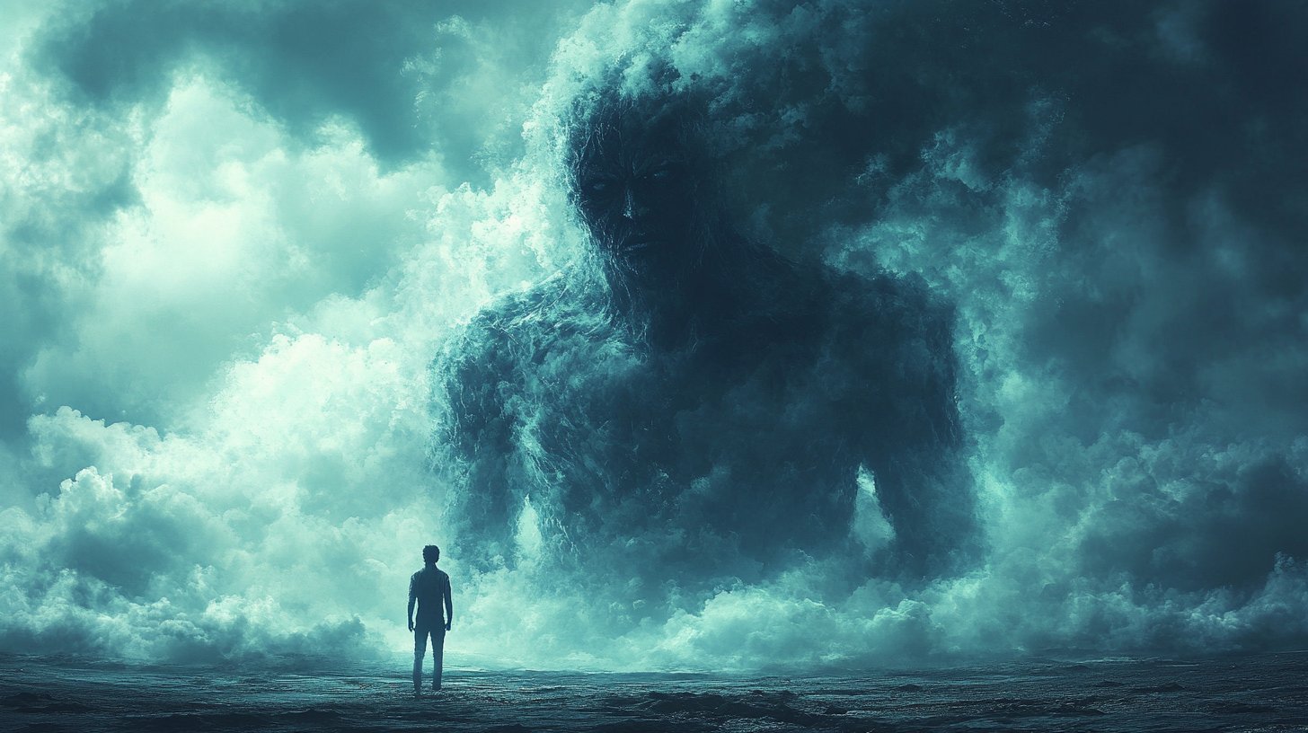 Un crítico presiona a una figura más pequeña, simbolizado por nubes oscuras.