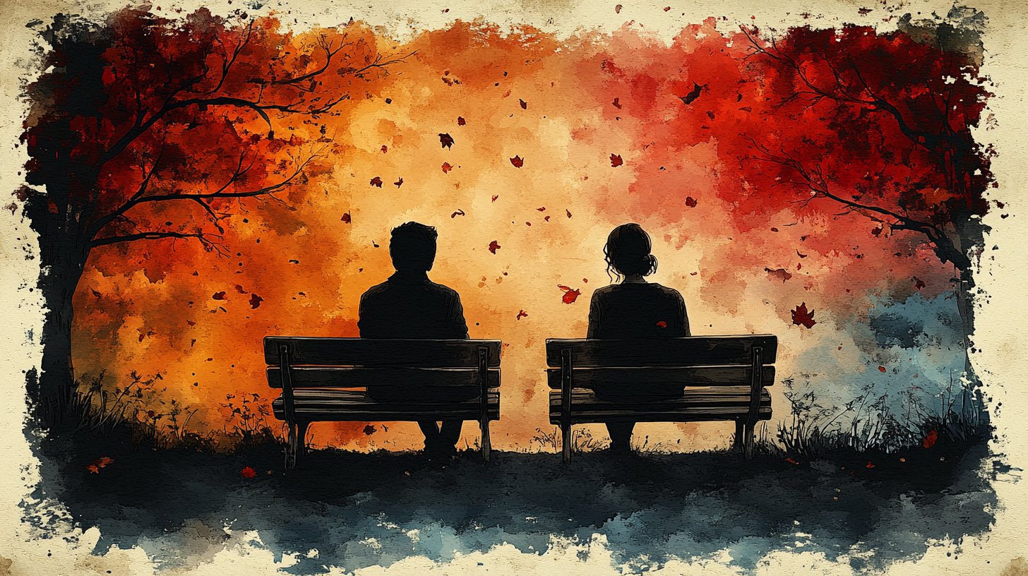 Zwei Silhouetten sitzen Rücken an Rücken auf einer Bank, umgeben von herbstlichen Blättern.