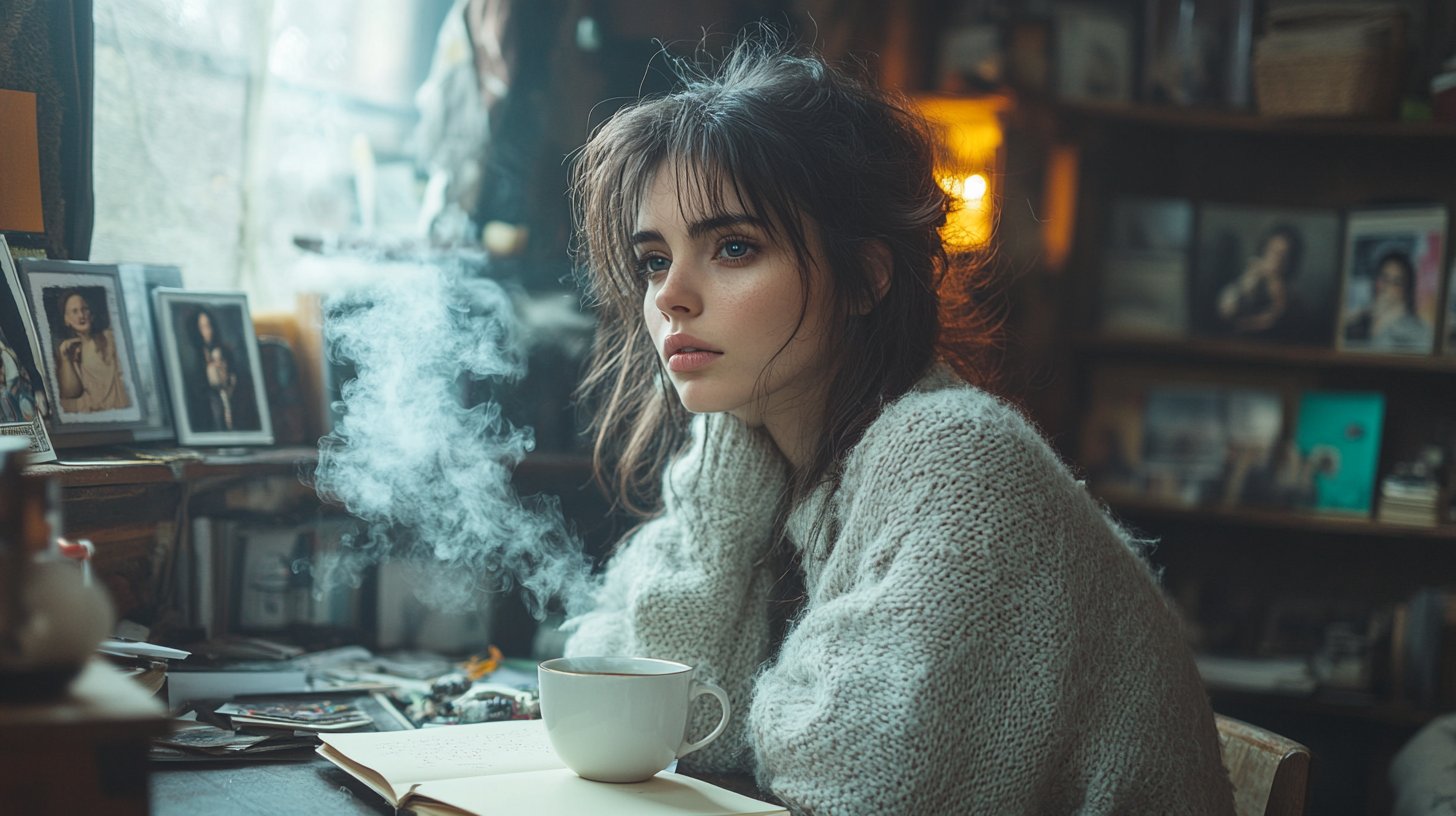 Eine nachdenkliche Figur sitzt an einem Schreibtisch mit einem Tagebuch und einer heißen Tasse Tee.