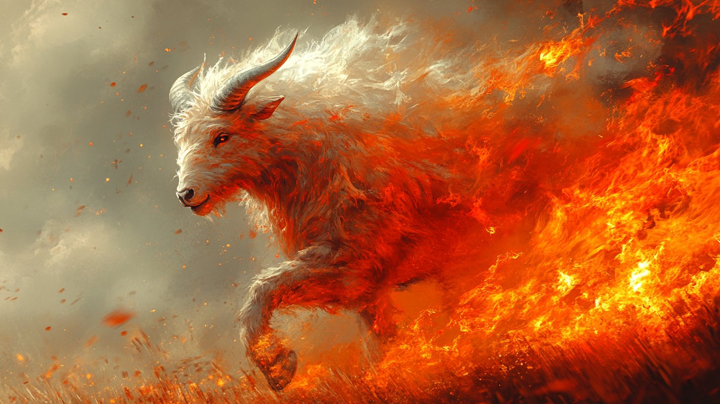 Ein feuriger Widder, der Impulsivität in Bewegung und Farbe verkörpert.