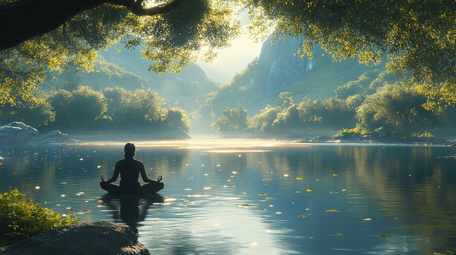 Eine nachdenkliche Szene mit einer Person, die am ruhigen Fluss meditiert.
