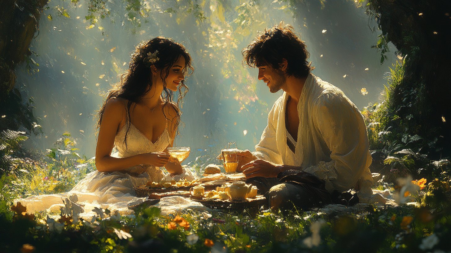 Pareja de Tauro disfrutando de un picnic sereno en la naturaleza.