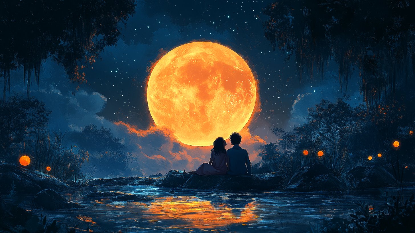 Pareja de Cáncer arropados en un ambiente acogedor bajo la luna.