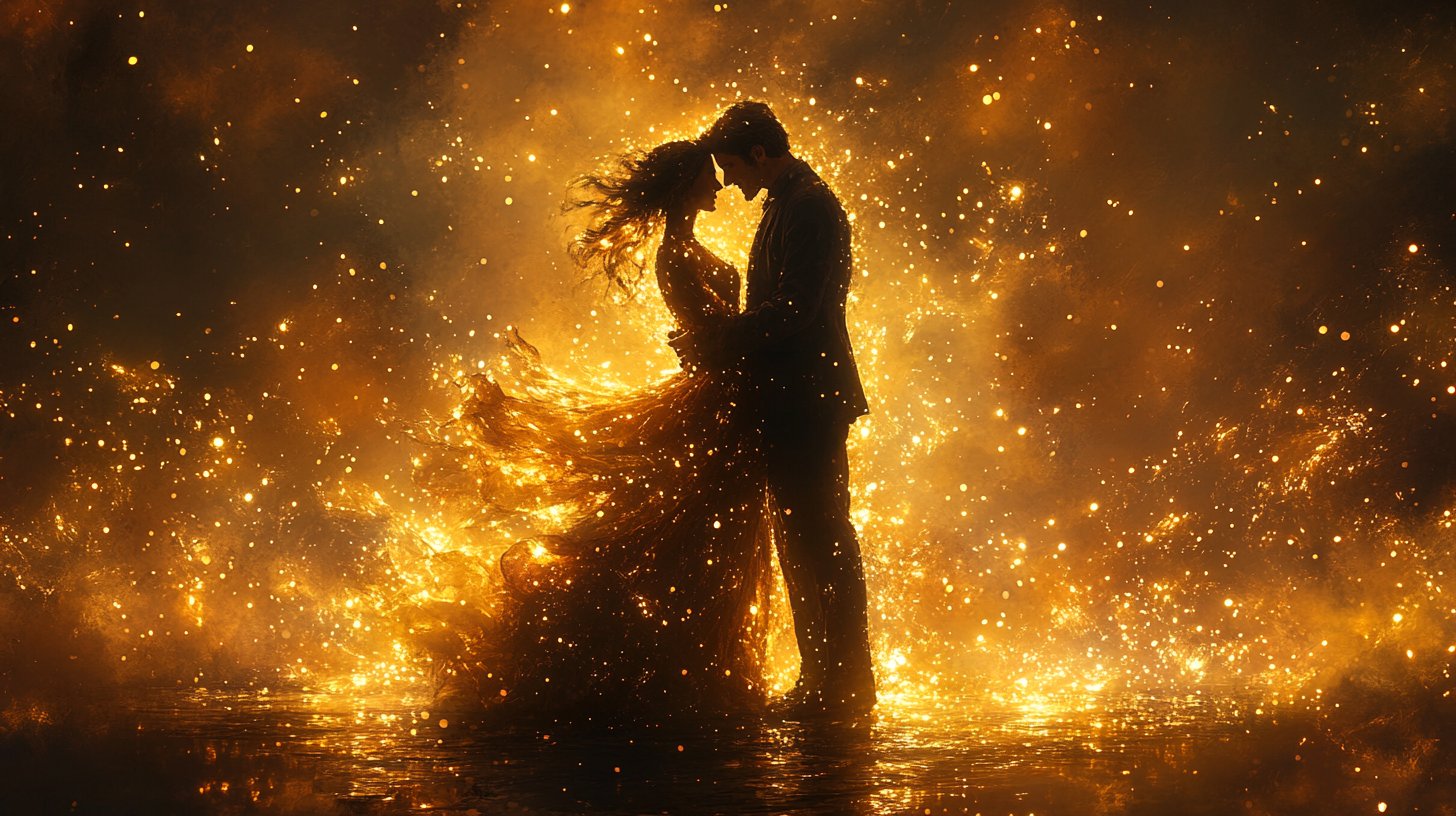 Pareja de Libra bailando con gracia bajo luces centelleantes.