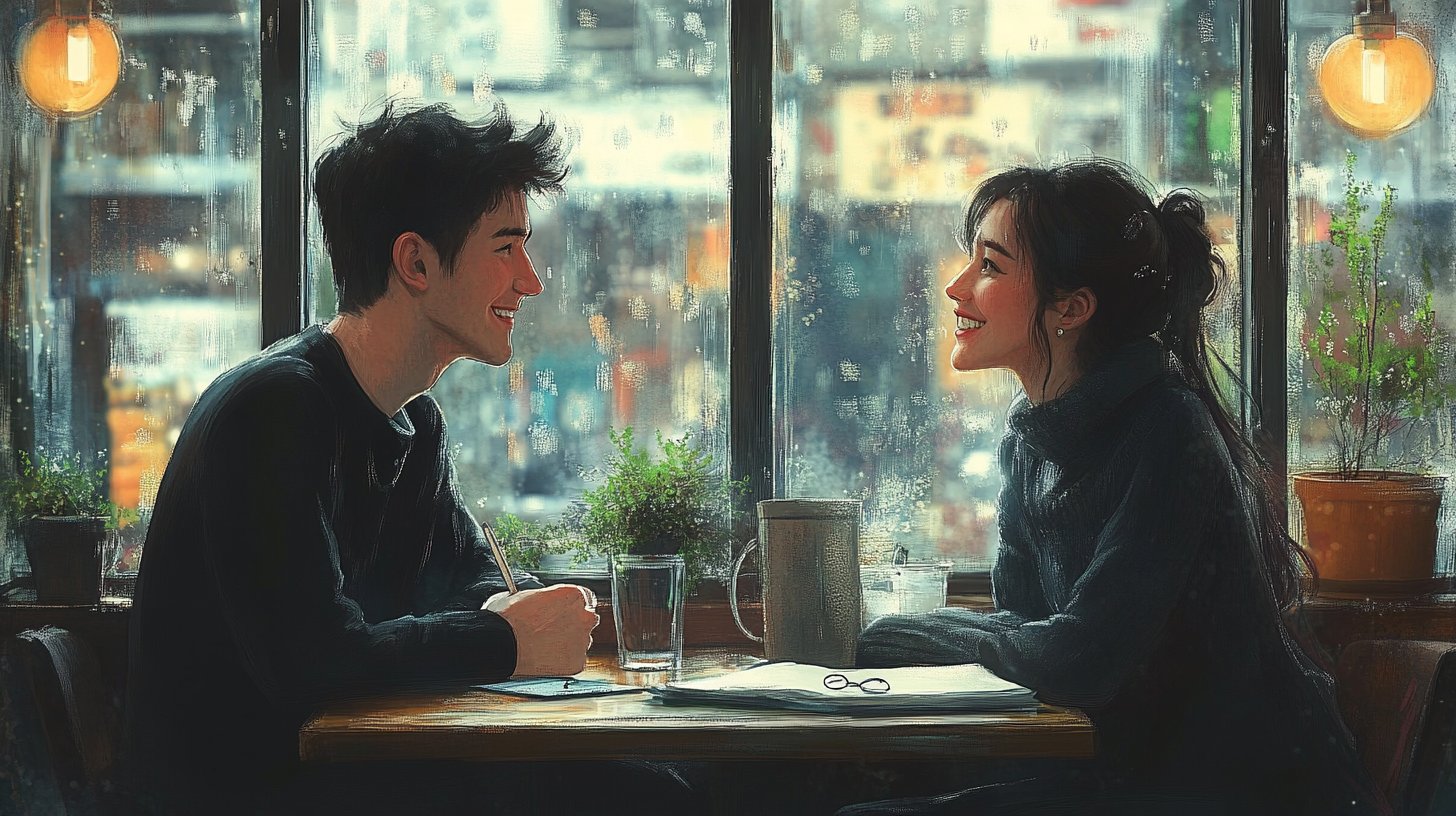 A couple thoughtfully discusses their relationship expectations in a cozy setting.