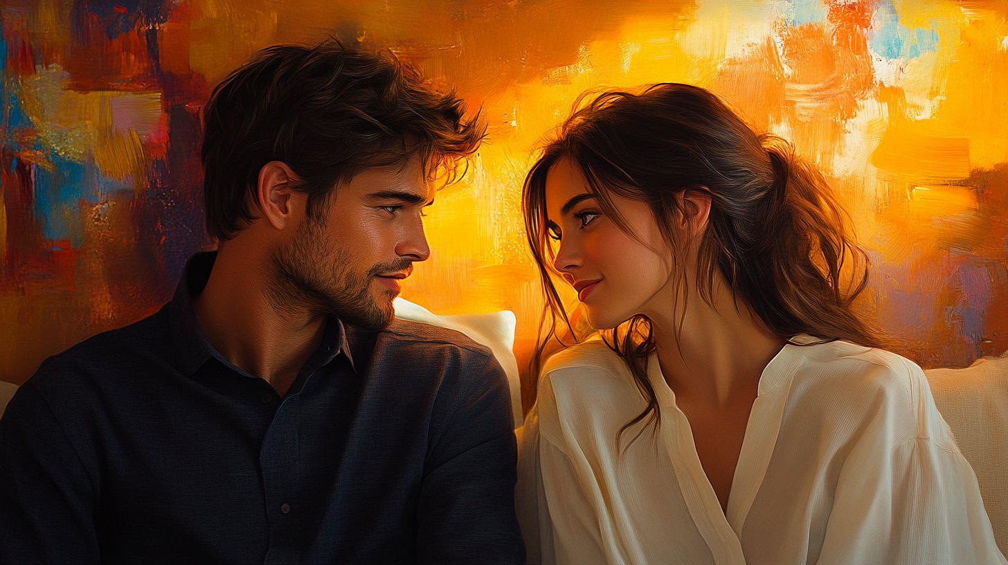 Two people engage in an open conversation about love in a serene environment.