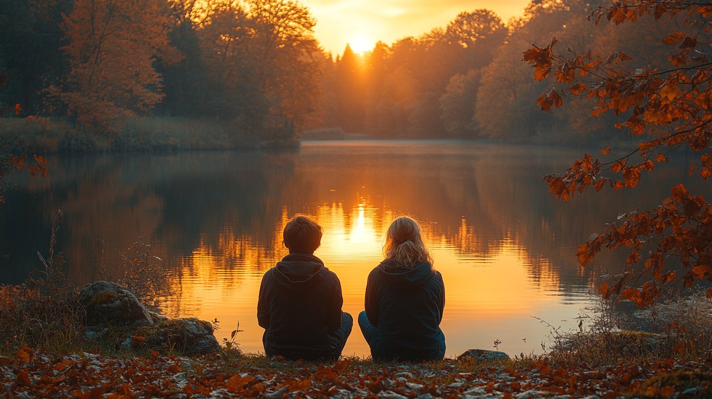 Two individuals reflect alone in nature on their emotional readiness for a relationship.