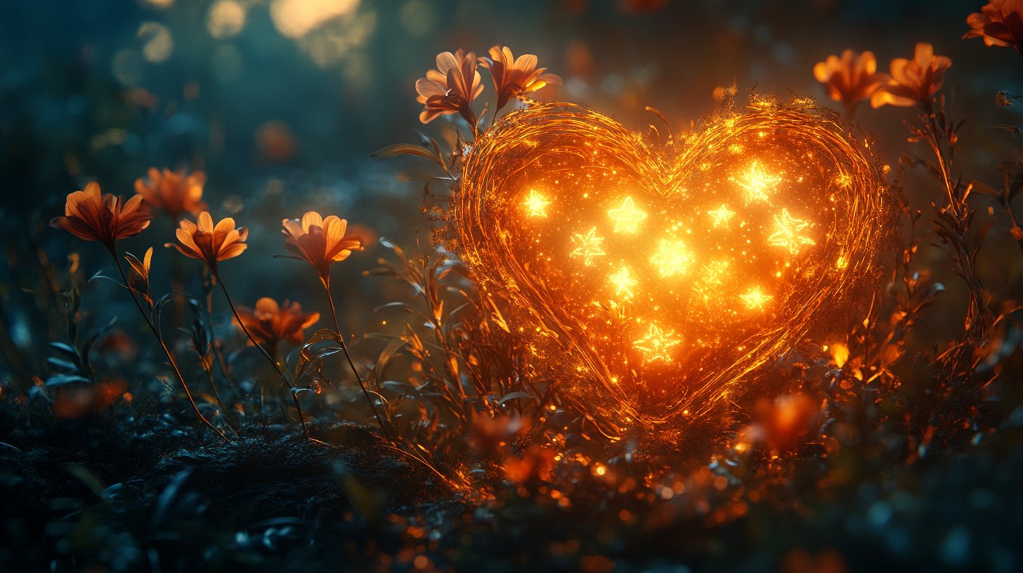 Ein strahlendes Herz umgeben von Liebessymbolen.