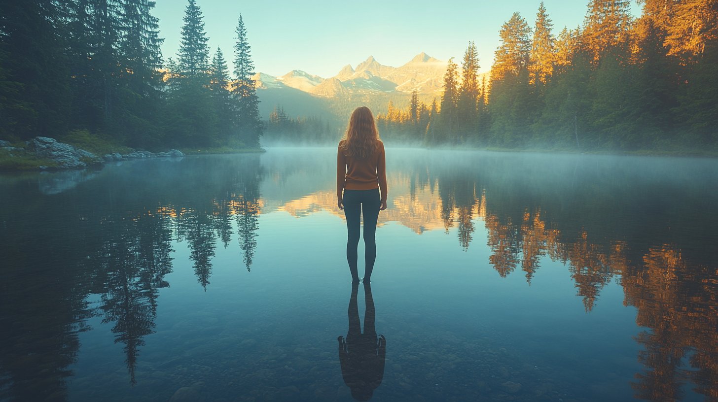 Eine Person schaut in einen ruhigen See zur Selbstreflexion.