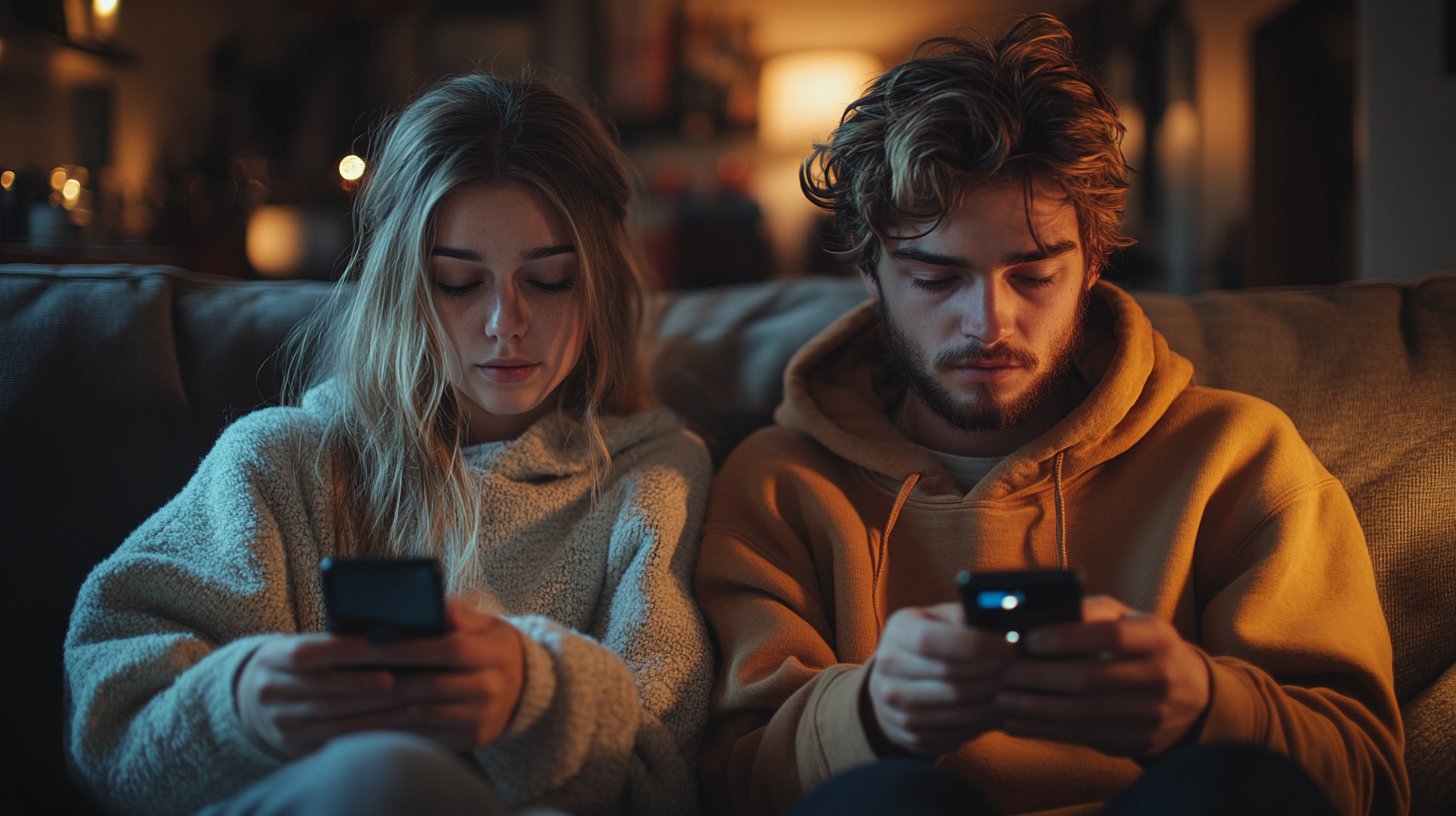 Ein Paar auf dem Sofa, in ihre Handys vertieft und einander entfremdet.