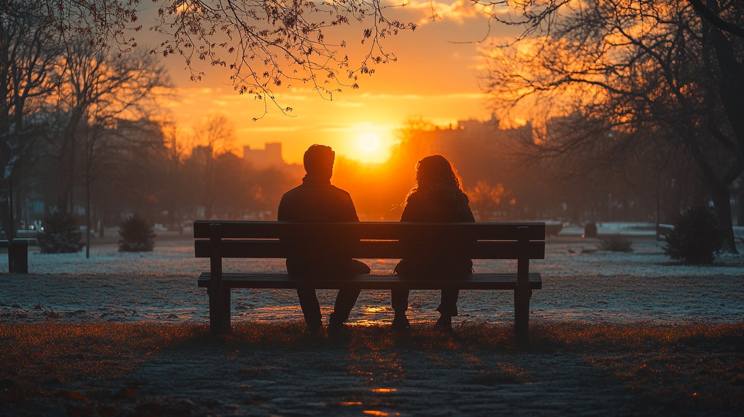 Zwei Personen auf einer Parkbank, sehnsuchtsvolle Blicke, aber keine Berührung.
