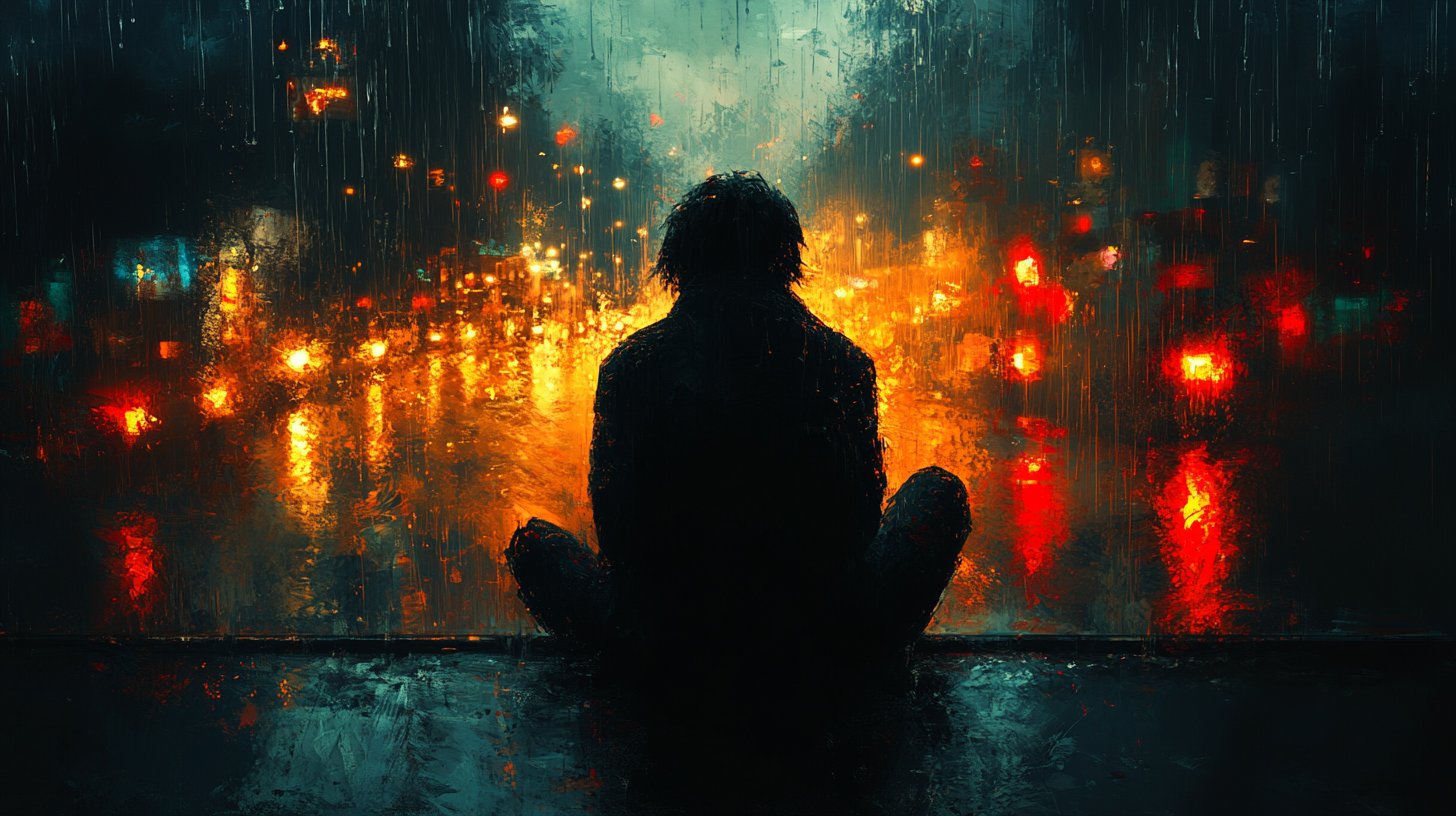 Eine einsame Gestalt am Fenster in Gedanken.