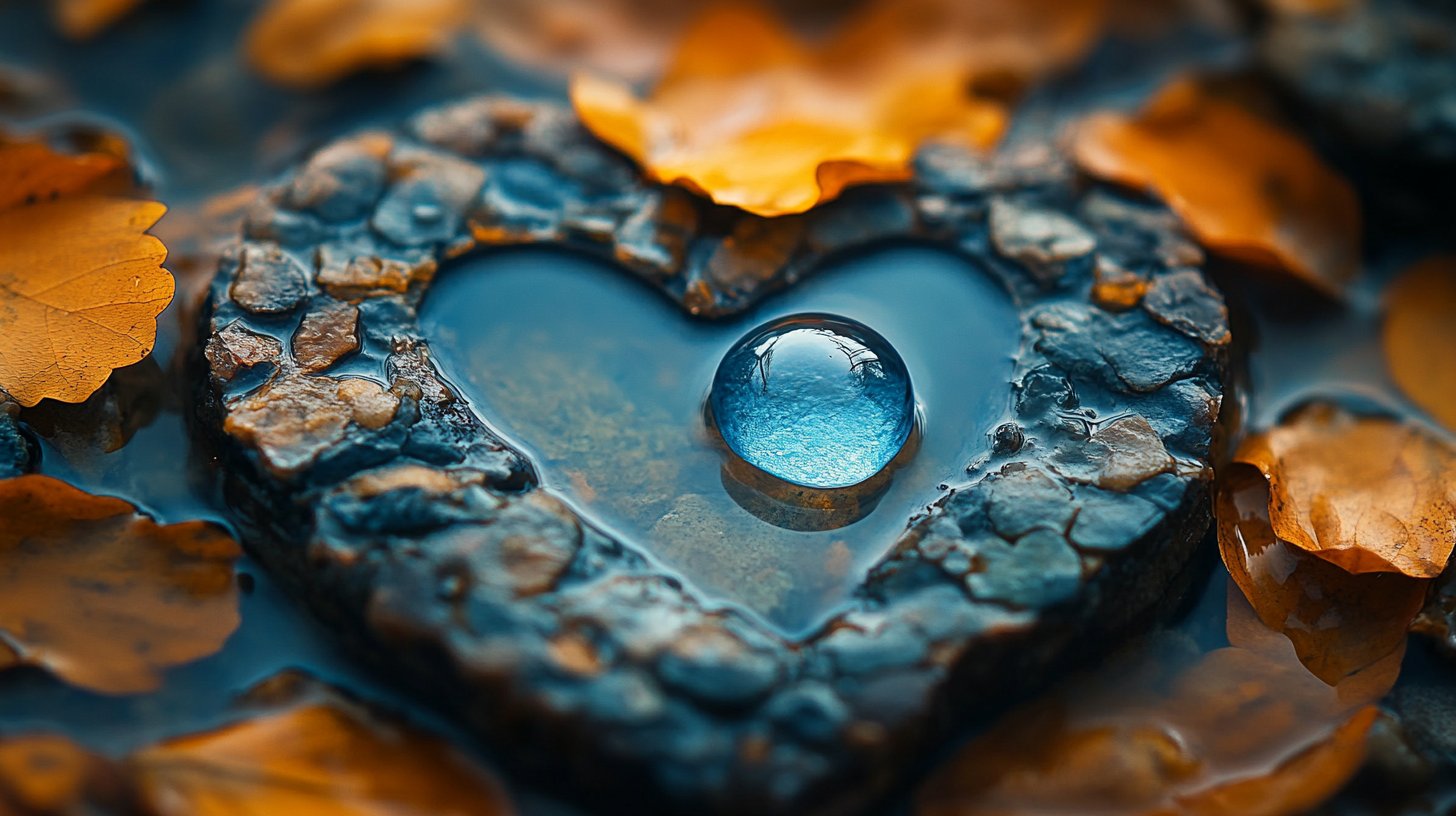 Eine Träne auf einem herzförmigen Spiegel, Symbol emotionaler Abhängigkeit.