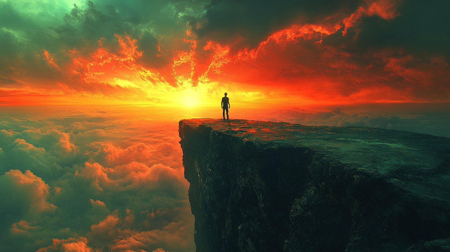 Am Rand einer Klippe, der Blick in die Weite, symbolisiert die Angst vor Veränderungen.