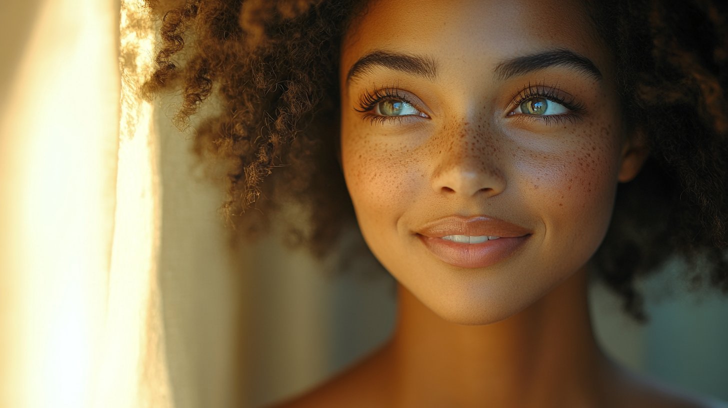 Primer plano de una persona mirando en el espejo, con una sonrisa radiante que refleja amor propio.