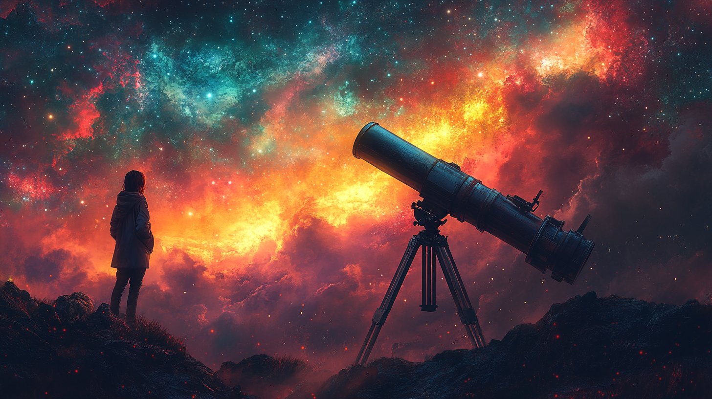 Una persona observa a través de un telescopio un horizonte colorido y vibrante.