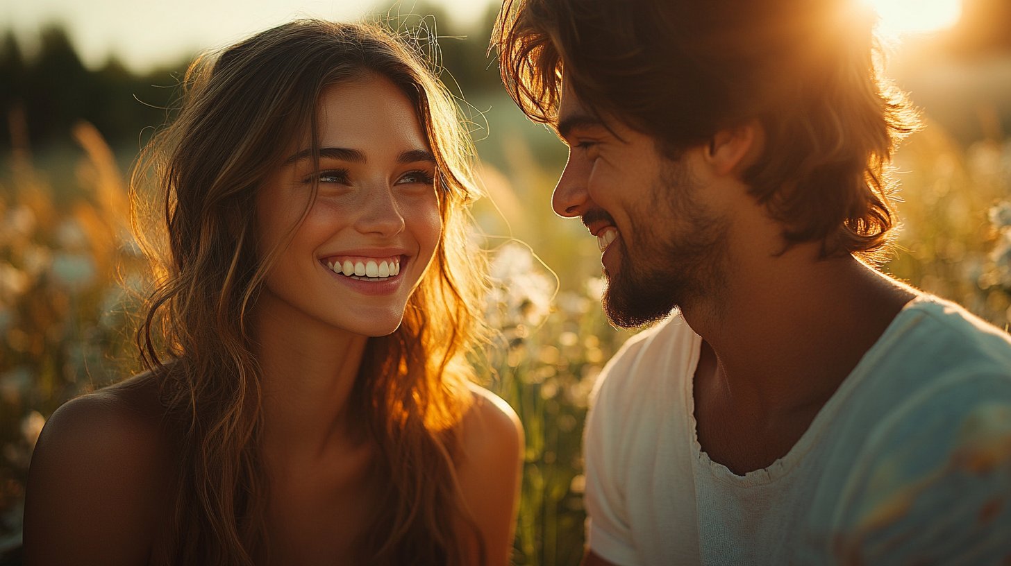 A candid moment of a couple enjoying a picnic, laughing in beautiful surroundings.