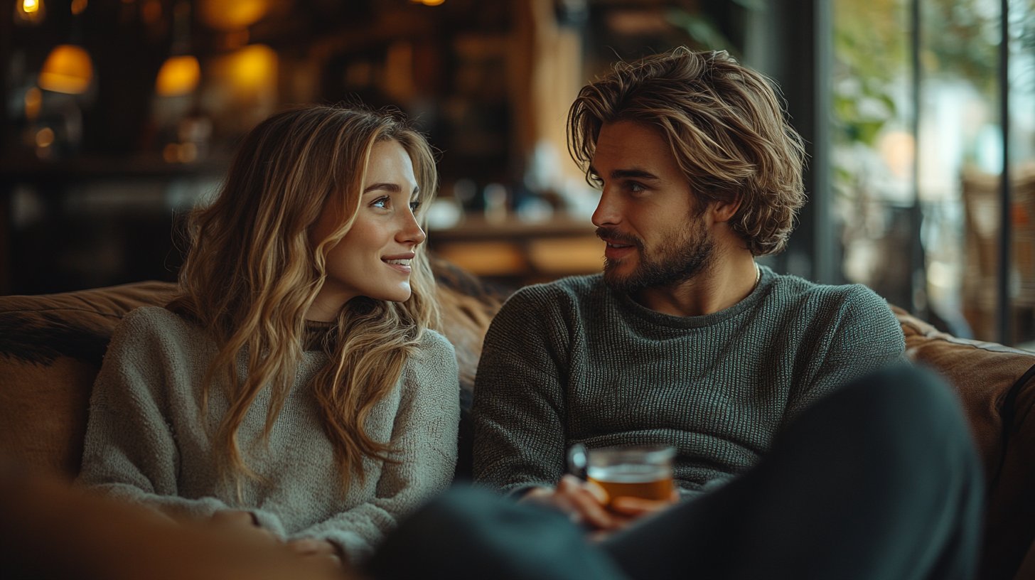 A couple on a couch engaged in deep conversation, with open and inviting body language.