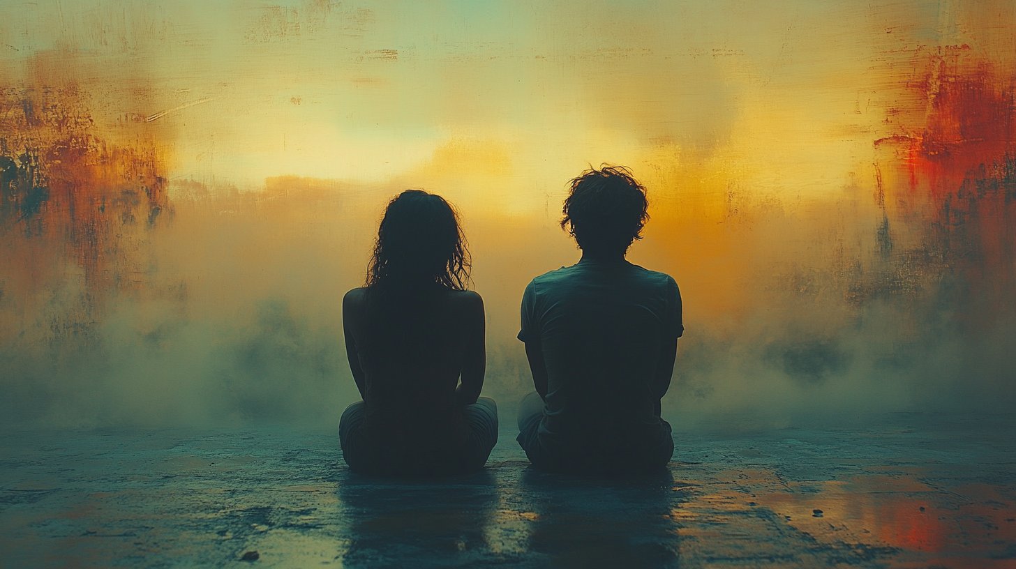 Zwei Menschen sitzen Rücken an Rücken, getrennt in ihren Gedanken.