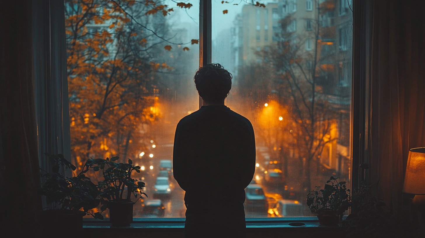 Ein Mann schaut durch ein nebliges Fenster und spürt emotionale Distanz.