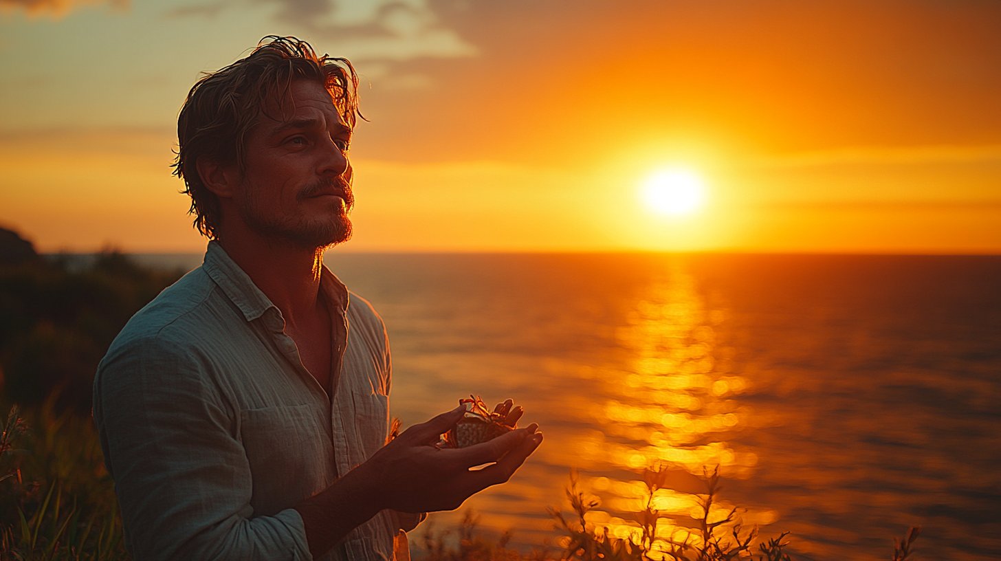 Ein Mann betrachtet den Sonnenuntergang und hält ein kleines Geschenk.