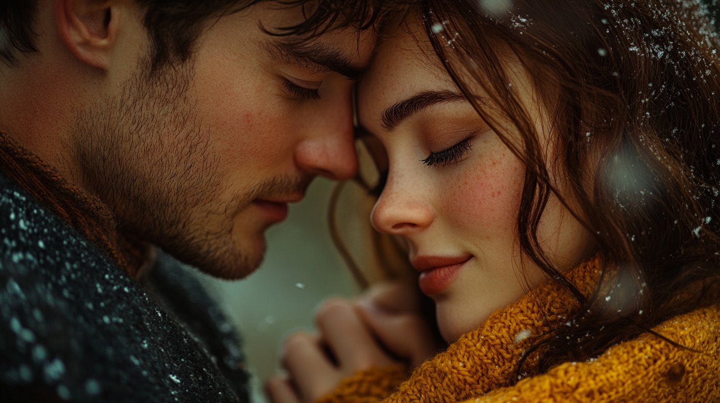 Nahaufnahme eines Paares, das einen herzerwärmenden Moment teilt, mit empathischen Gesichtern.