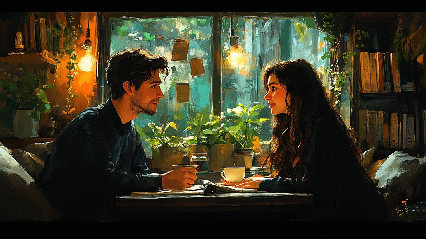 Eine Illustration eines Paares im offenen Gespräch, gemütlich in einer Nische mit einer Tasse Tee.