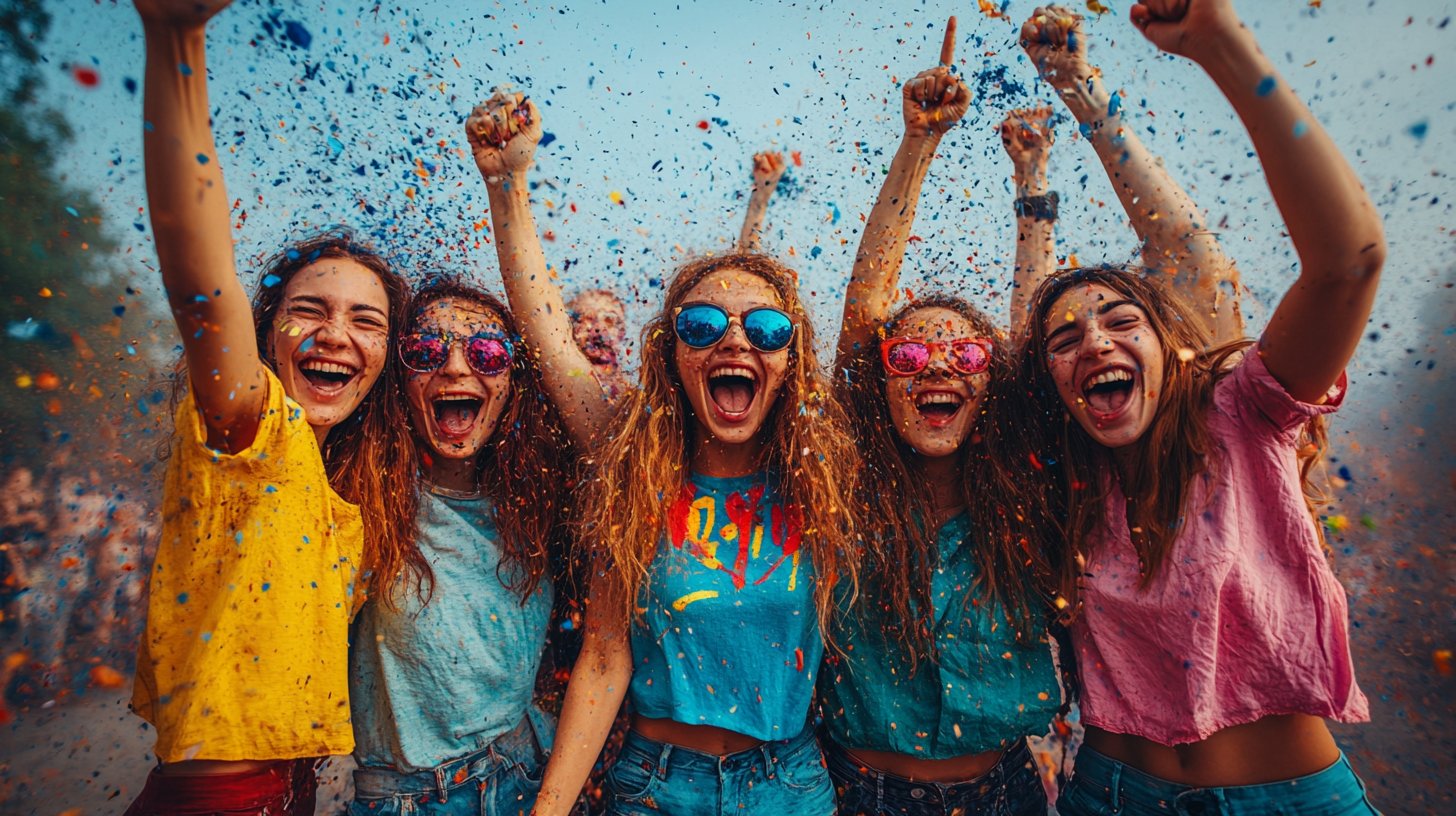 Farbenfrohe Party mit Freunden und viel Lachen.
