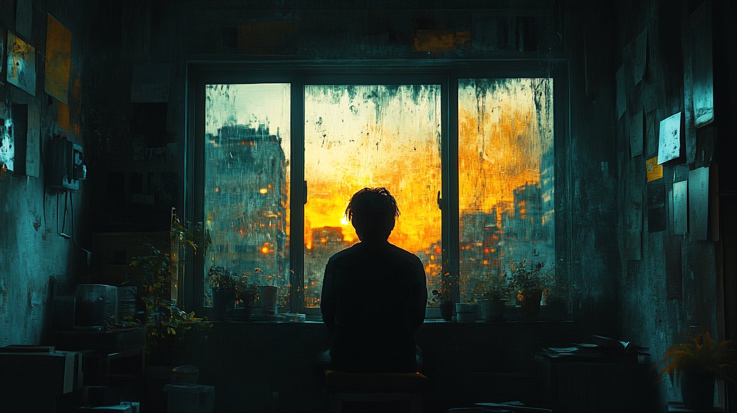 Eine einsame Figur blickt gedankenverloren aus dem Fenster.