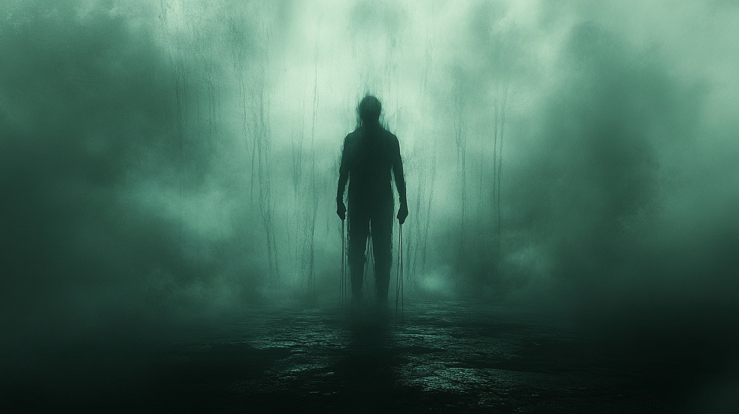 Eine schattenhafte Figur agiert als Puppenspieler, ein Symbol für Manipulation.